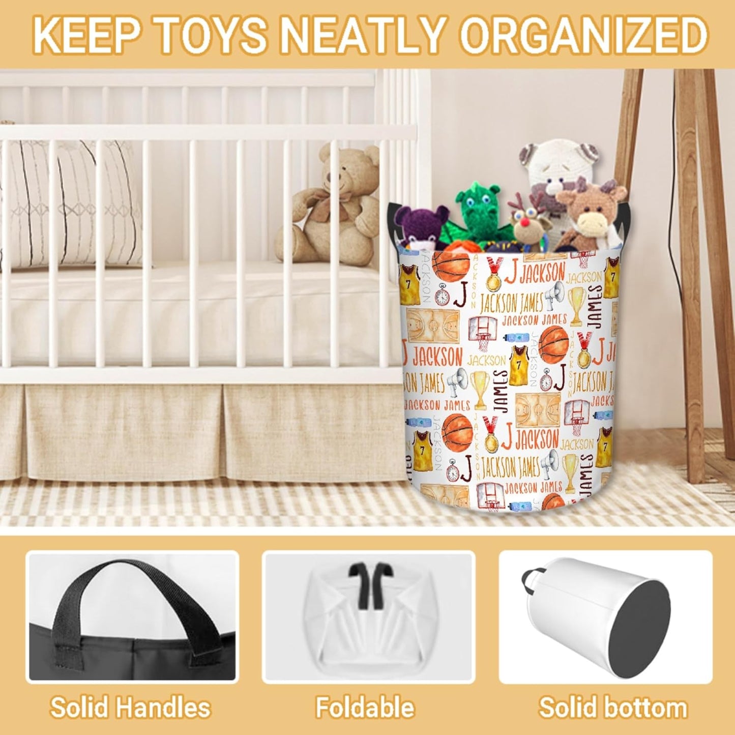 Personalized Basketball Laundry Basket, Custom Sports Laundry Hamper With Name Gifts For Kids Baby Adults, Collapsible Dirty Clothes Storage Organizer With Handles S 16.5 X 13.8in