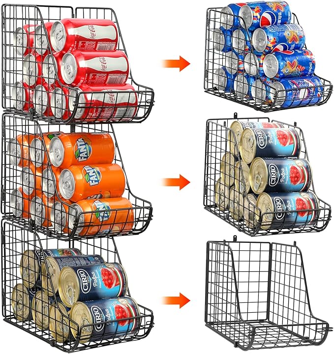 X-cosrack Stackable Can Organizer for Pantry 3Pack，Standing Dispenser Storage Bins,Metal Wire Basket Beverage Pop Soda Rack Stand Kitchen Pantry Countertop Cabinets,Stacking Canned Food Holder