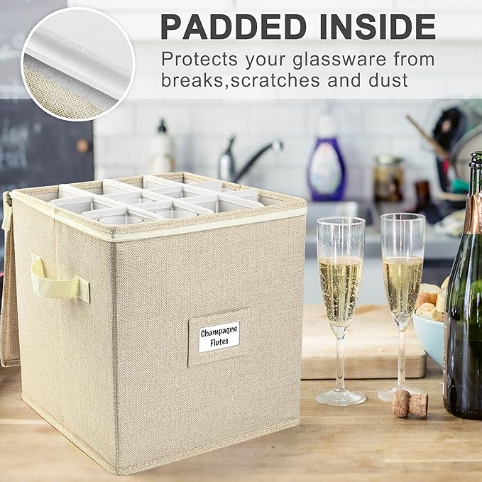 LotFancy Champagne Flute Storage Container for Moving, Hard Shell, Stackable 12" Tall Stemware Storage Box with Dividers & Handles, Wine Glass, Crystal Glassware, Drinkware Case, Beige