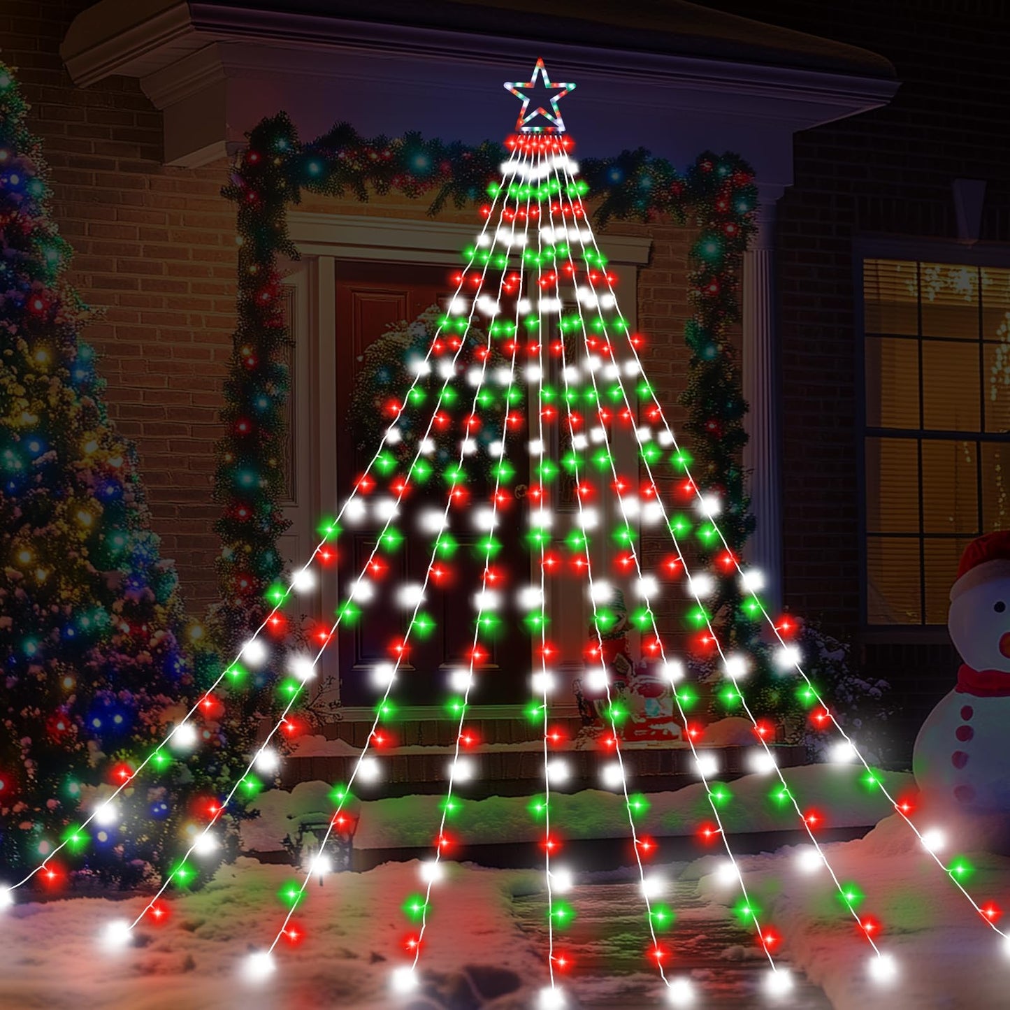 Cerflyer Outdoor Christmas Decorations String Lights  320 Led 11.5 Ft Waterfall Tree Lights With Star Topper 8 Lighting Modes Christmas Light For Indoor Outdoor Yard Home Festival Xmas New Year Decor