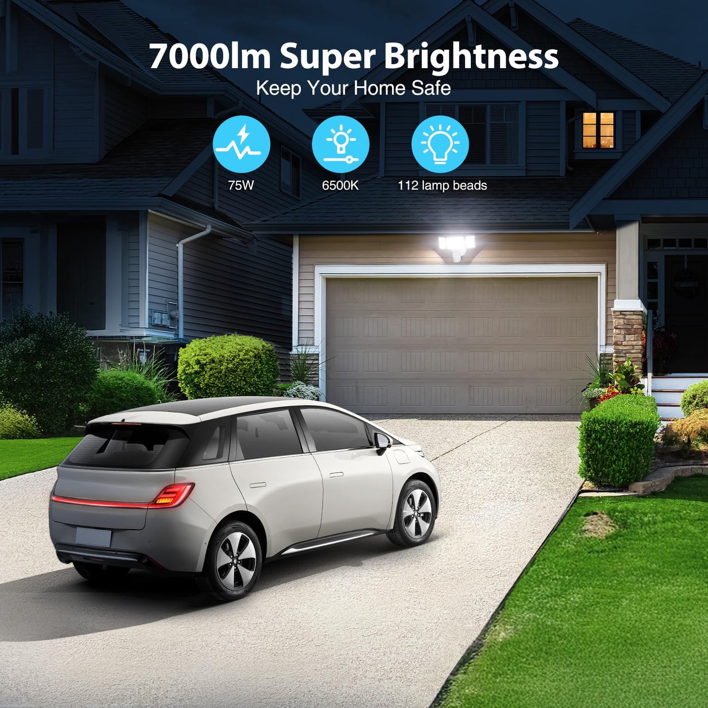 Olafus 65W Outdoor Motion Sensor Flood Light, 6000LM, IP65 Waterproof, 3 Head, White, Model BDB55G-3