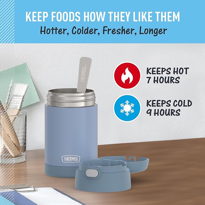 THERMOS FUNTAINER Insulated Food Jar, 16 Ounce, Kid Friendly Food Jar with Foldable Spoon, Denim Blue