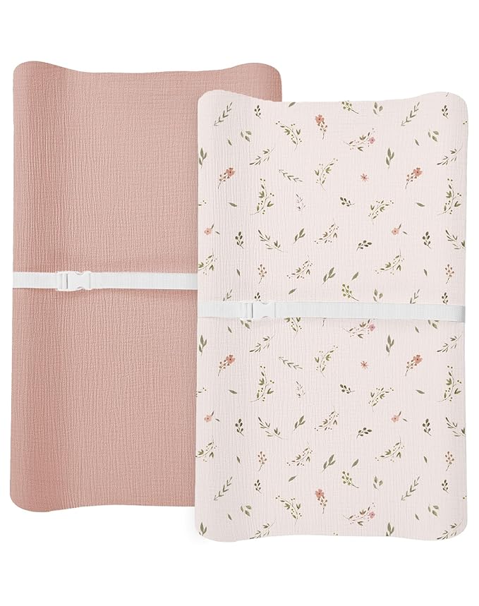 Changing Pad Cover for Baby Boy Girl 2 Pack, Muslin Changing Table Pad Covers with Boho Style, Neutral Nursery Bedding Essentials Soft and Breathable(Petal Leaf & Pink)