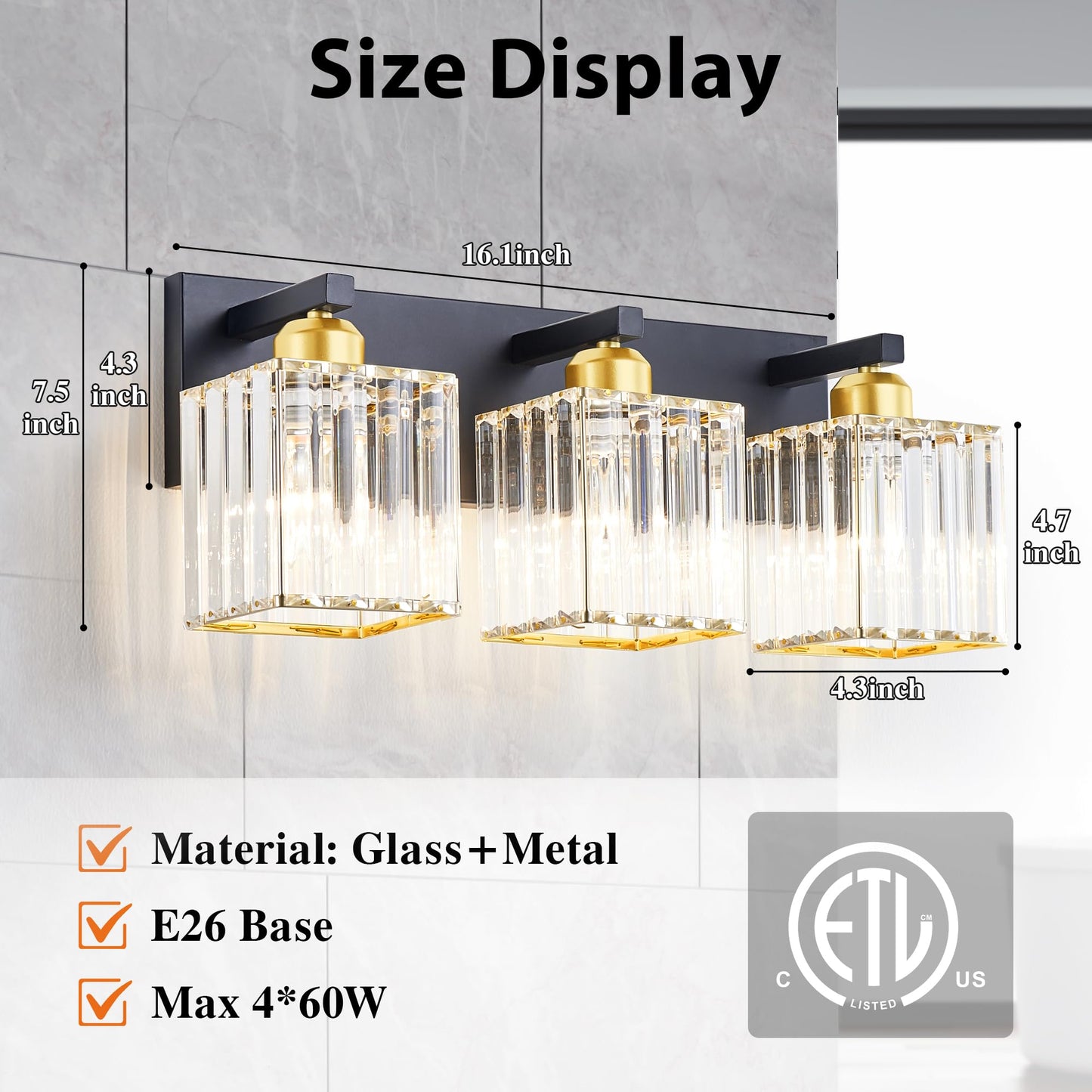 Diamondforge Bathroom Vanity Light Fixtures Over Mirror - Makeup Lighting Black Gold - For Modern Wall  Bath  Desk  Farmhouse  Hallway 3 Crystal Lights