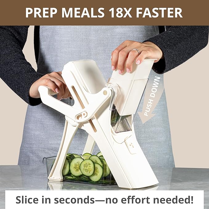 EMSON Safe Mandoline Slicer for Kitchen, All in 1 Mandoline Slicer for Food Works as Potato Slicer, Vegetable Slicer, Food Slicer, French Fry Cutter and More with 5 Blades and Storage Container
