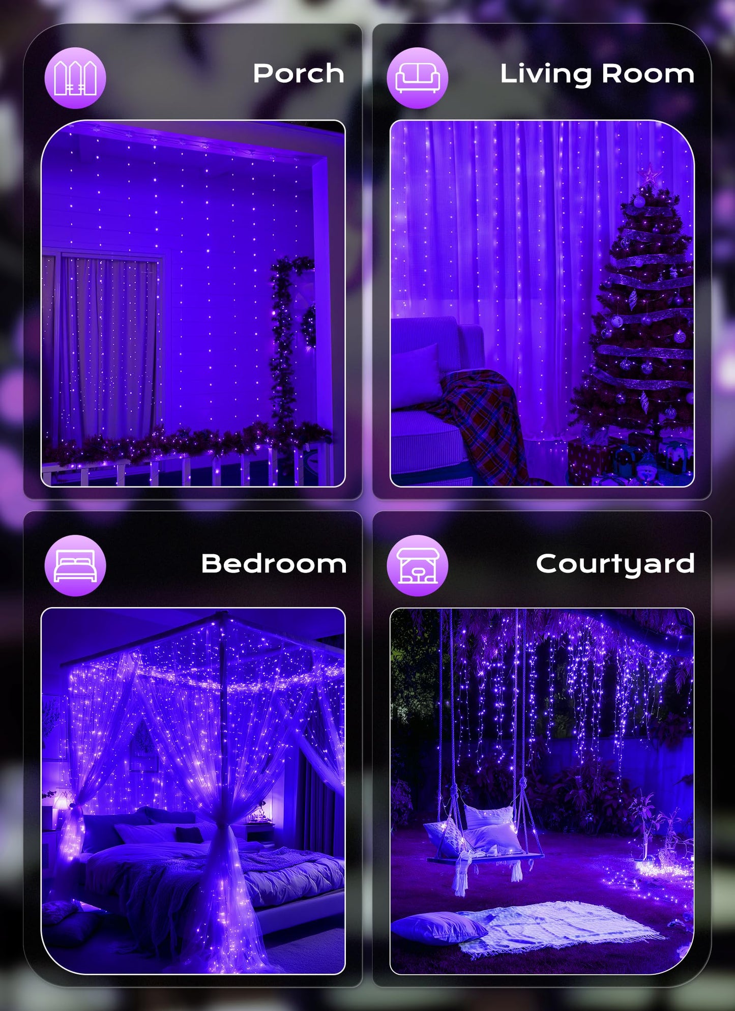 Brightown 300 Led Purple Halloween Fairy Curtain Lights  9.8Ft X 9.8Ft Curtain String Lights  Usb Plug In 8 Lighting Modes Led Christmas String Hanging Lights With Remote For Bedroom Indoor Weddings