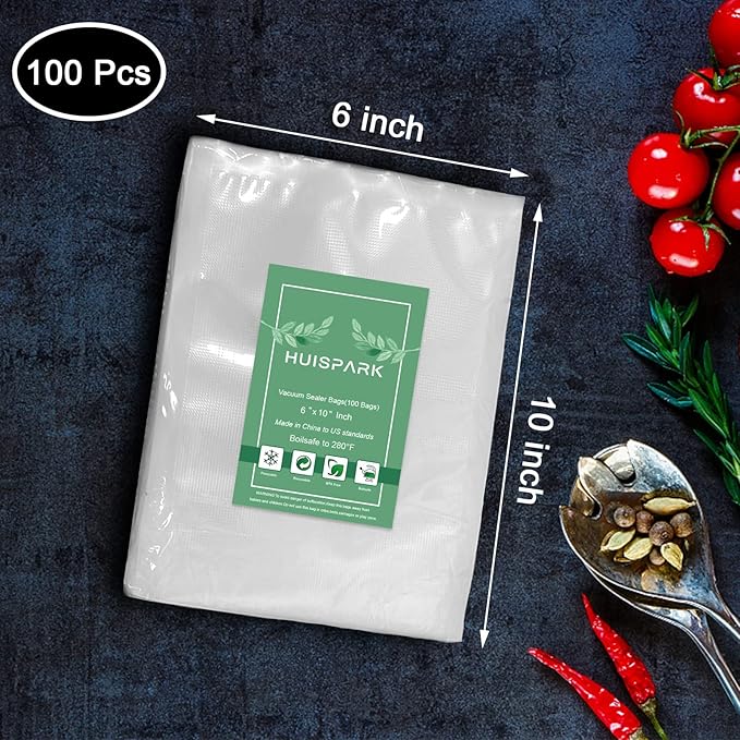 Vacuum Sealer Bags, Heavy Duty Pre-Cut Design Commercial Grade Food Sealable Bag for Heat Seal Food Storage, 6" x 10" 100 Pcs Smell Proof Bags Boilsafe to 280°F Freezable, Resizable