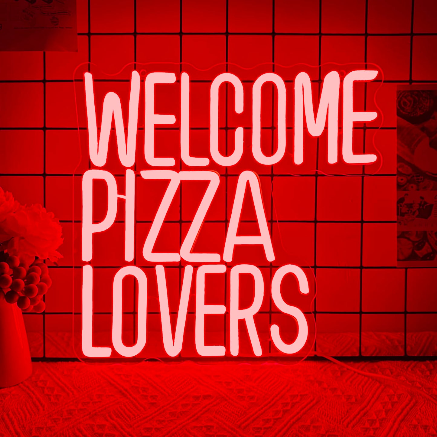 Welcome Pizza Lovers Neon Light  Red Dimmable Led Personalized Pizza Lovers Neon Sign  Family Restaurant Entertainment Room Food Theme Party Wall Neon Sign Decor Holiday Gift For Pizza Lovers  Children  Family (12.9*12.5In)