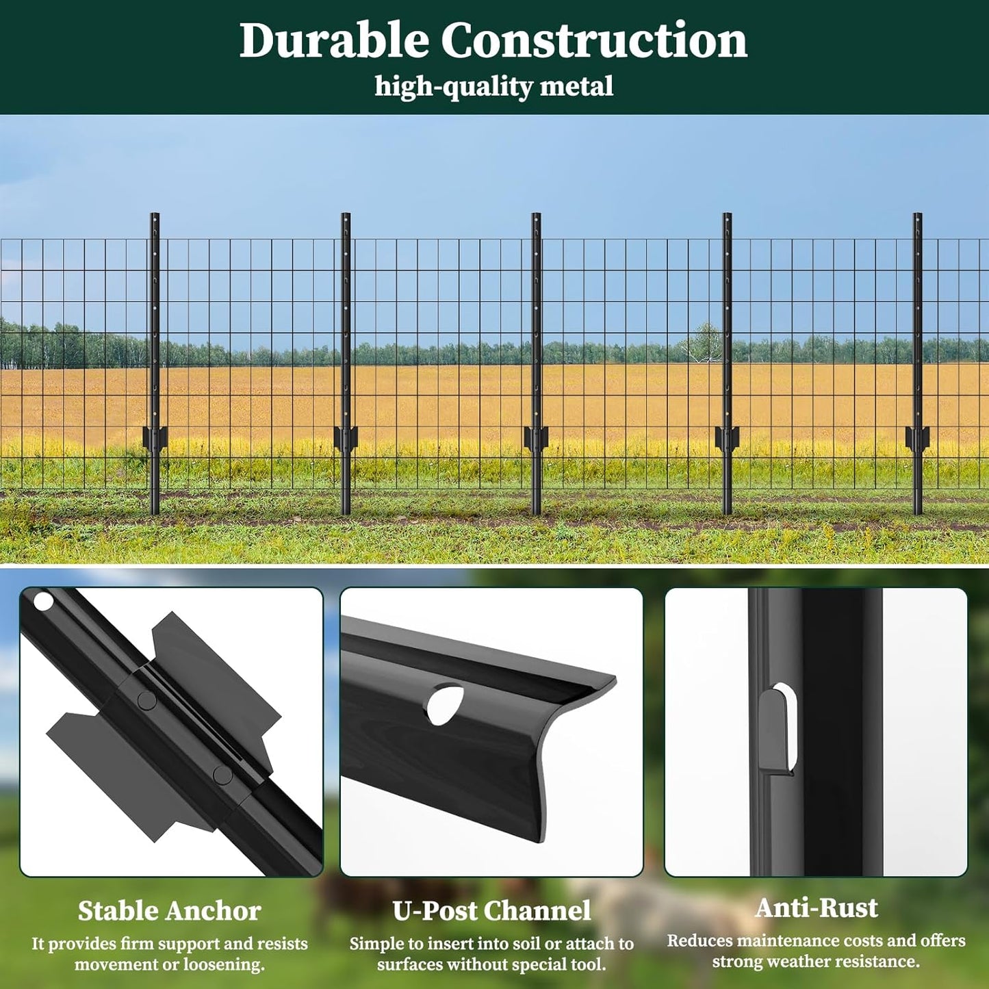 20 Pack Garden Fence Post, 3 Feet Heavy Duty Metal U-Post for Wire Fence, No Dig Garden Fence Stakes for Temporary Fencing, Electric Fence Wire, Corner Anchor, and More-Black