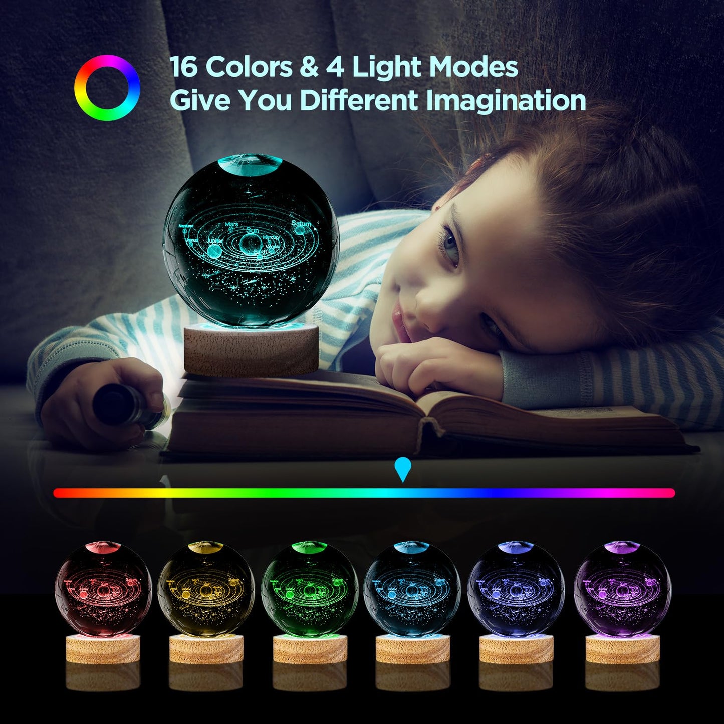 3D Solar System Crystal Ball Night Light With 16 Color Wooden Led Base Upgraded 3.15 In Galaxy  ts Ball Lamp With Remote For Birthday Christmas  Astronomy Space Gifts For Boys Girls Kids