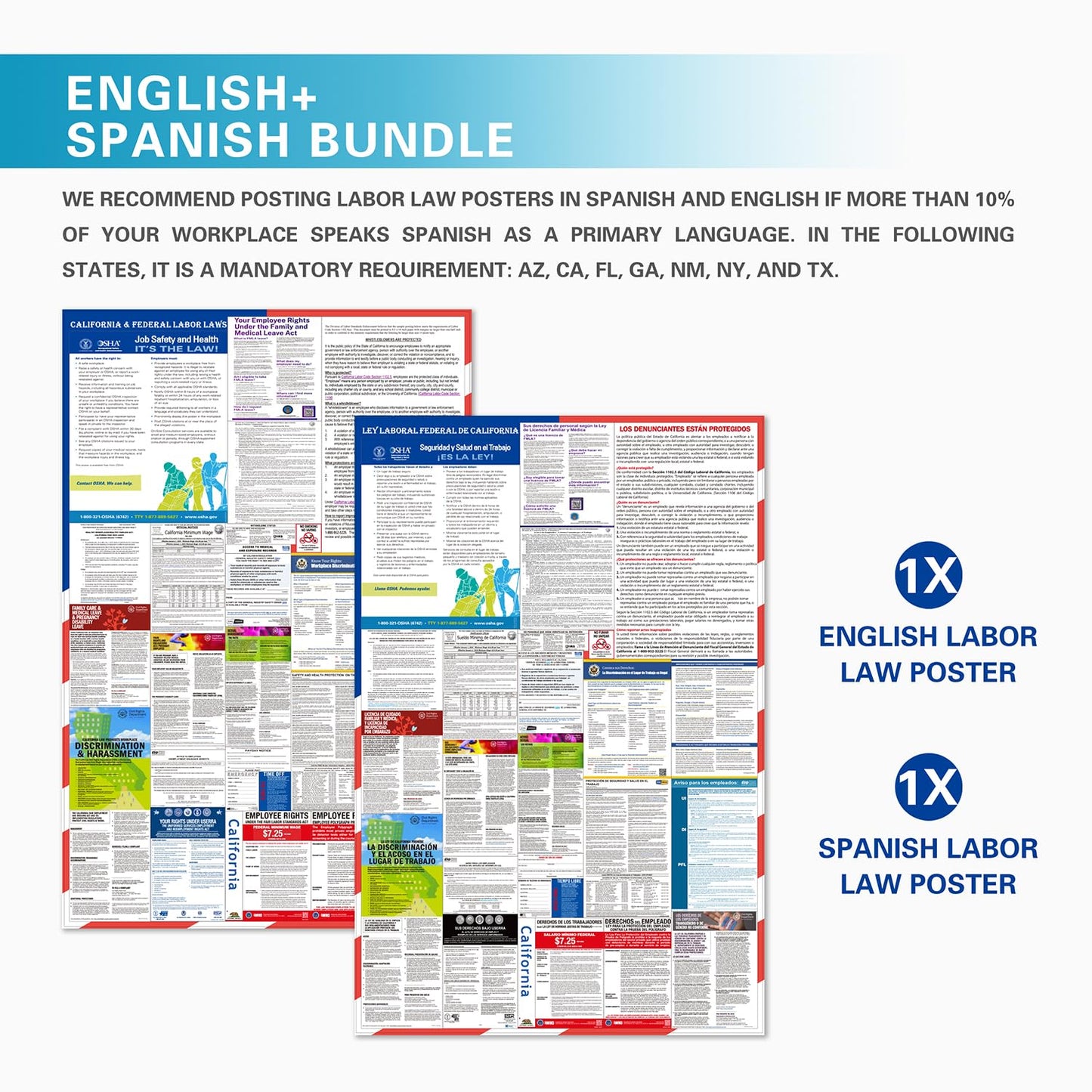 2026 California State and Federal Labor Laws Poster – OSHA Compliant Laminated 24" x 36" English and Spanish Bundle 2 Pack