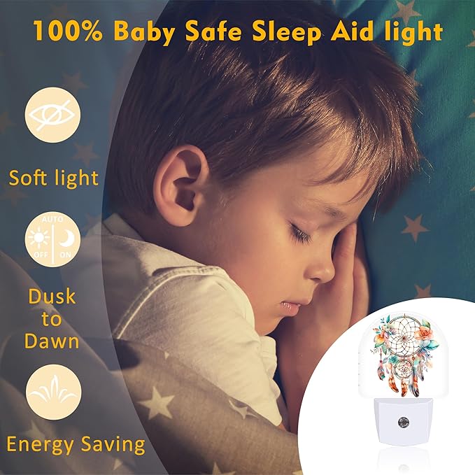 Boho Dream Catcher Flowers Night Light, Watercolor Boho Feathers Floral Dusk to Dawn Night Light Plug in, 0.5w Energy Saving Sleep Friendly NightLight for Kids Boys Girls Home Decor