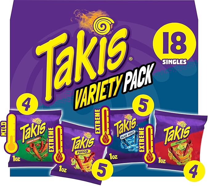 Takis 18 pc / 1 oz Variety Pack, Assorted Flavored Mixed Rolled Tortilla Chips – (5) Fuego, (5) Blue Heat, (4) Nitro, (4) ...