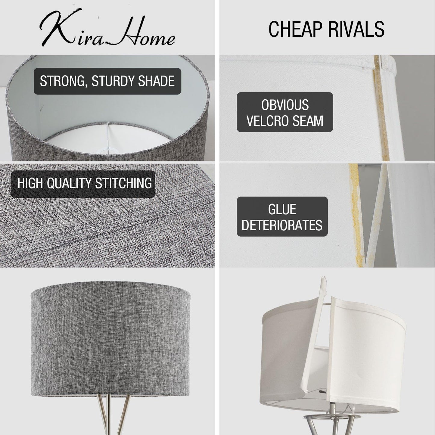 Kira Home Sadie 60 Mid Century Modern Tripod Led Floor Lamp, Brushed Nickel Finish, Gray Shade, Model Rv-F5017-Bn-Gr, Eco-Friendly Bulb Included