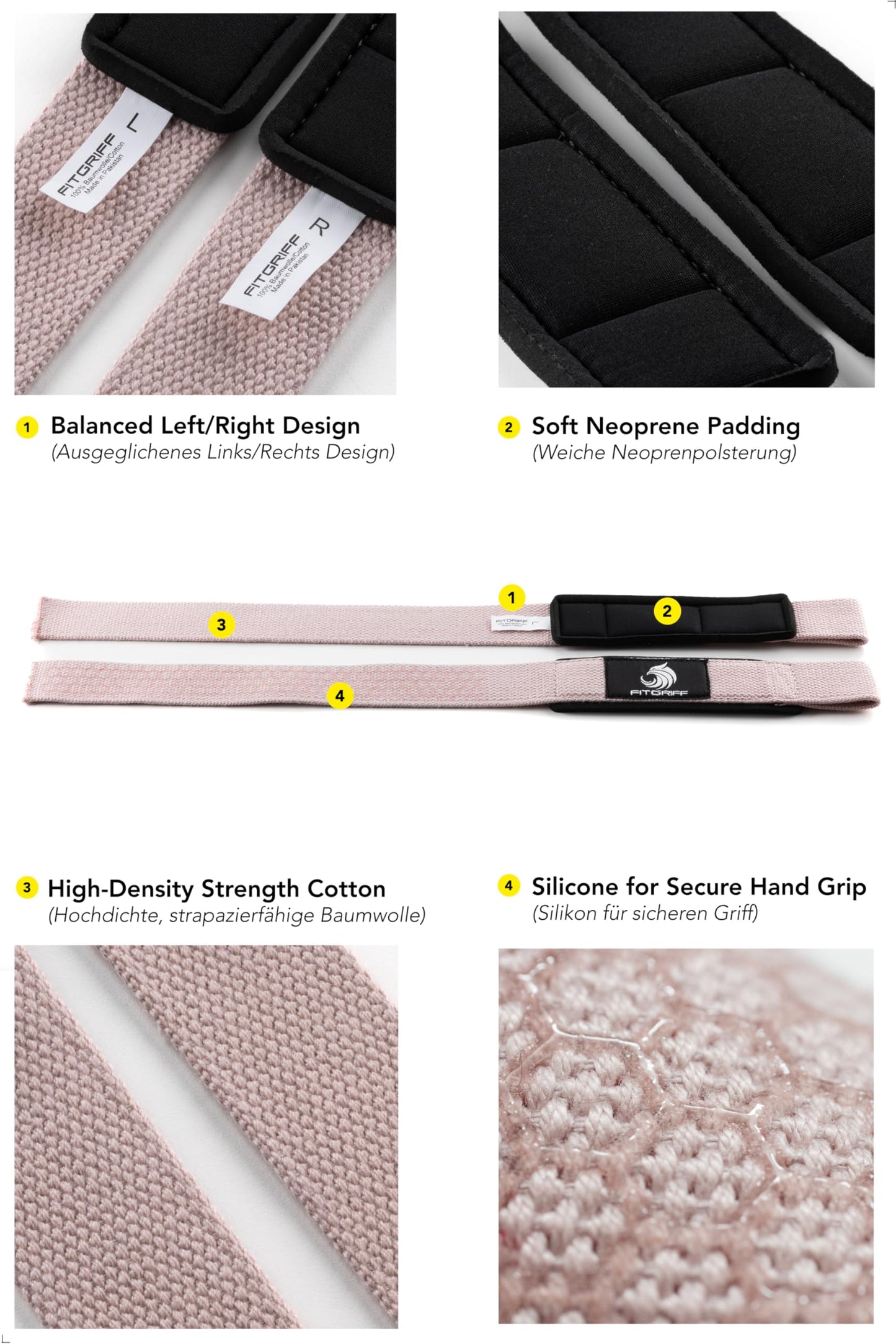 Fitgriff® Lifting Wrist Straps for Weightlifting, Gym, Deadlift, Workout (Made of Premium Cotton & Padded) - Men & Women (Standard, Blush Pink (Silicone-Grip))