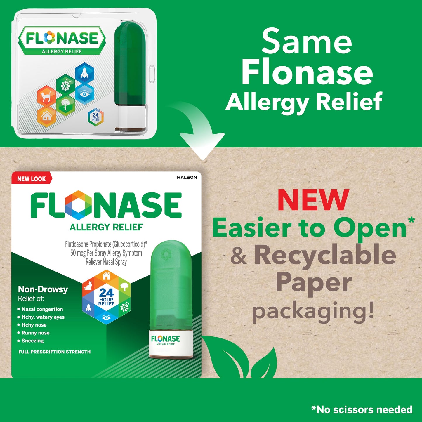 Flonase Allergy Relief Nasal Spray, 24-Hour Non-Drowsy Multi-Symptom Relief 144 Sprays (Pack of 2) plus Bonus Pack of Tissues