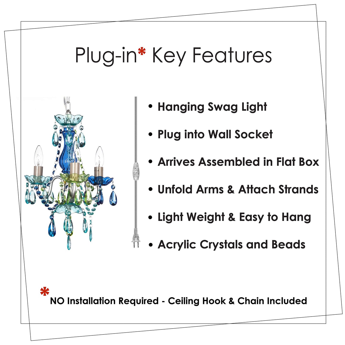 Gypsy Color Plug-In 3-Light Chandelier, Blue Green Glass, Silver Metal Frame, H17”Xw12”, Model Gymibg