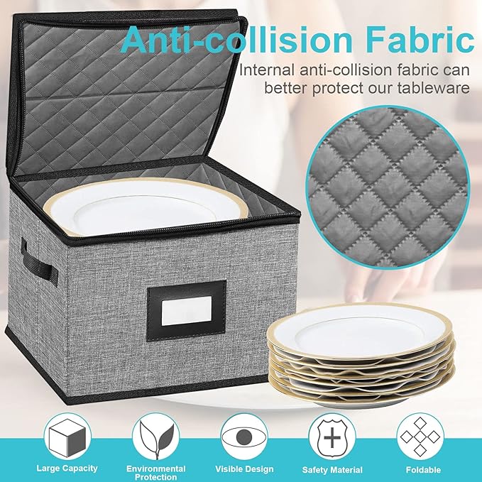 China Storage Containers-4PACK Quilted Dish Storage Containers with Lid Hard Shell for Moving Transport, Dinnerware,Stackable Plate Storage,24 Felt Plate Dividers Included,12 * 12 * 8in