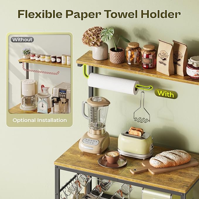 Huuger 4-Tier Bakers Rack with Reversible Power Outlet, 23.6 Inch Microwave Stand with Paper Towel Holder, Kitchen Bar, Larger Storage with Top Shelf, 6 S Hooks, Rustic Brown