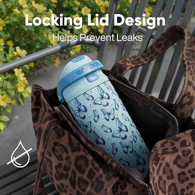 ENCOOL Leakproof Insulated Water Bottle with Straw Dual-Sip Water Bottle Bag-Safe Design for Work, Commute & Gym – Keeps Drinks Cold All Day, 24 oz, Glacier Butterfly