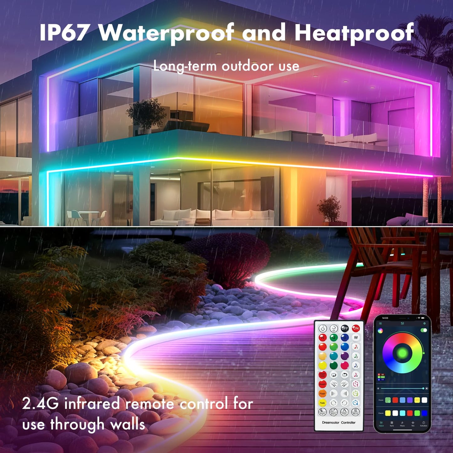HRDJ LED Strip Lights, 16.4FT, IP67 Waterproof, Multicolor, APP Control, Music Sync, Model YingLX-5050LY5M