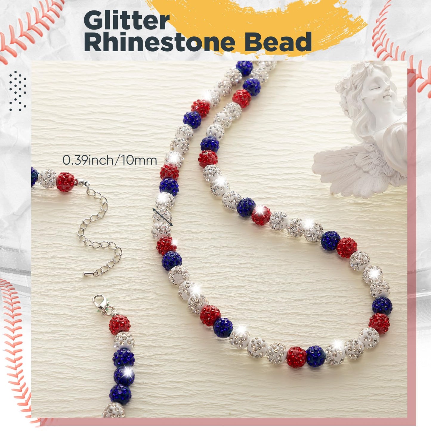 Landical 12 Pcs Bling Baseball Necklace Ice Beaded Baseball Necklace Cool Gifts Bulk for Team Players Lovers Fans(White, Red and