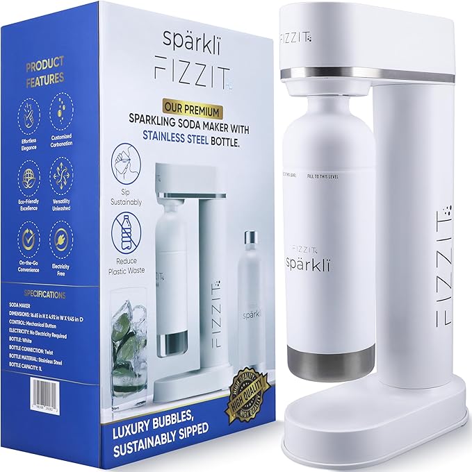 White Stainless Steel Sparkling Water Maker Soda Maker Includes 1 x CO2 Cylinder & 1L White Stainless Steel Bottle
