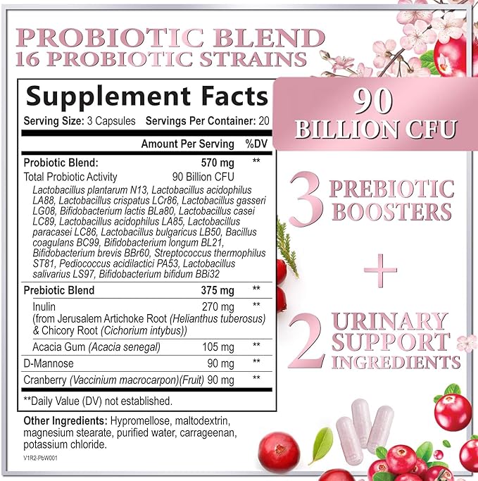 Probiotics for Women 90 Billion CFU, pH Balance for Feminine Vaginal Odor, 16 Probiotic Strains with Prebiotics, Cranberry, D-Mannose & Digestive Health, Immune Support, Shelf Stable - 60 Capsules