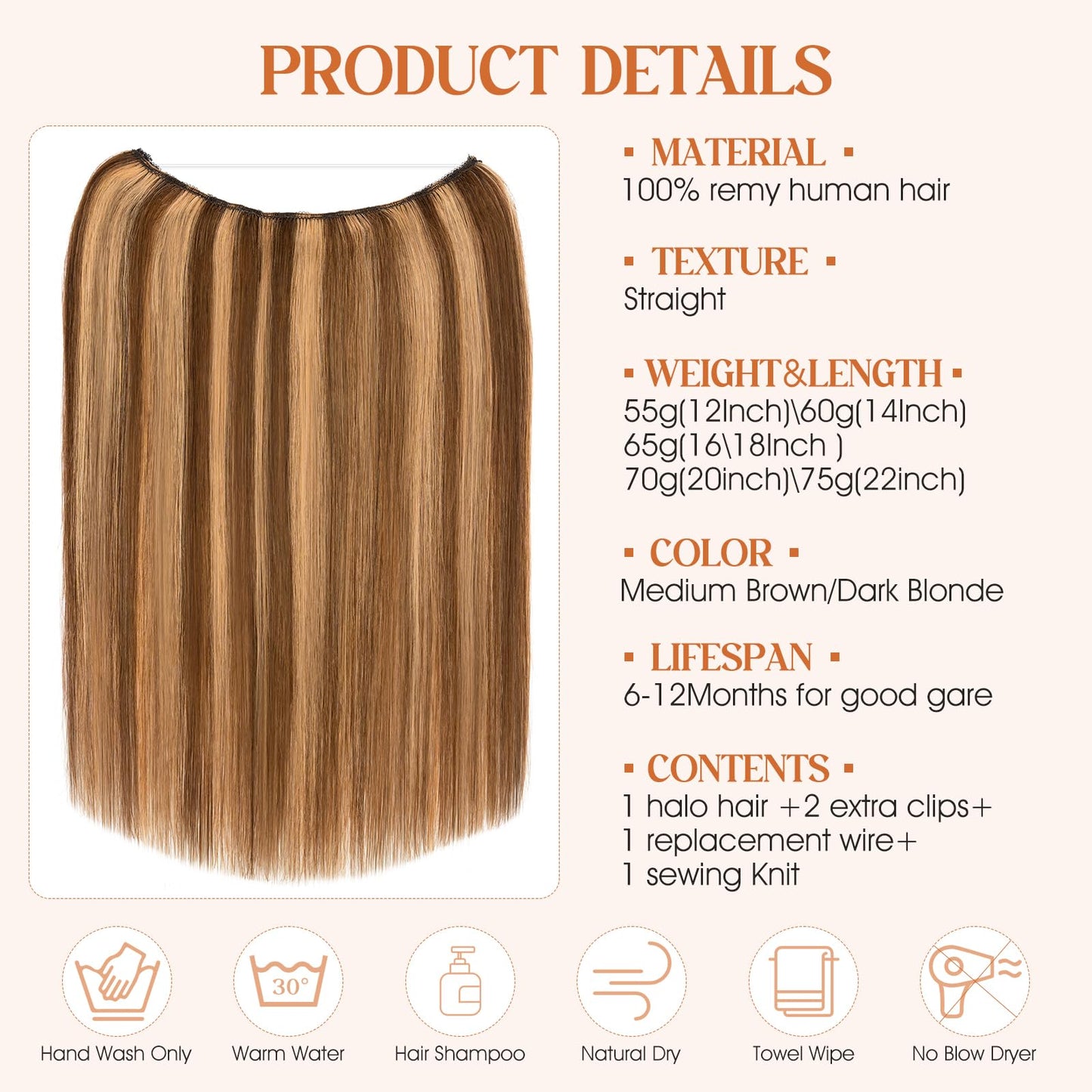 S-noilite Halo Hair Extensions Real Human Hair 14inch Short Straight Halo Hair Extensions for Women Adjustable Medium Brown/Dark
