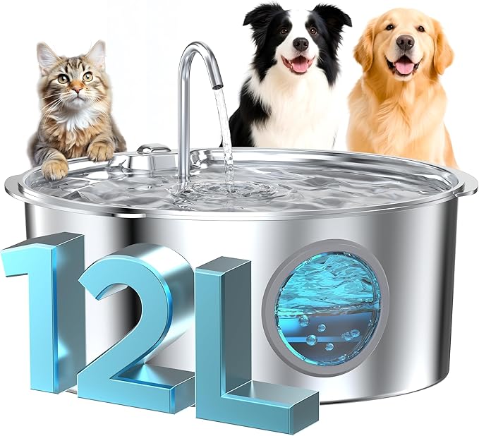 Dog Water Fountain for Large Dogs: Stainless Steel Dog Fountain Water Bowl - 3.2Gal/406oz/12L Super Quiet Big Cat Water Fo...