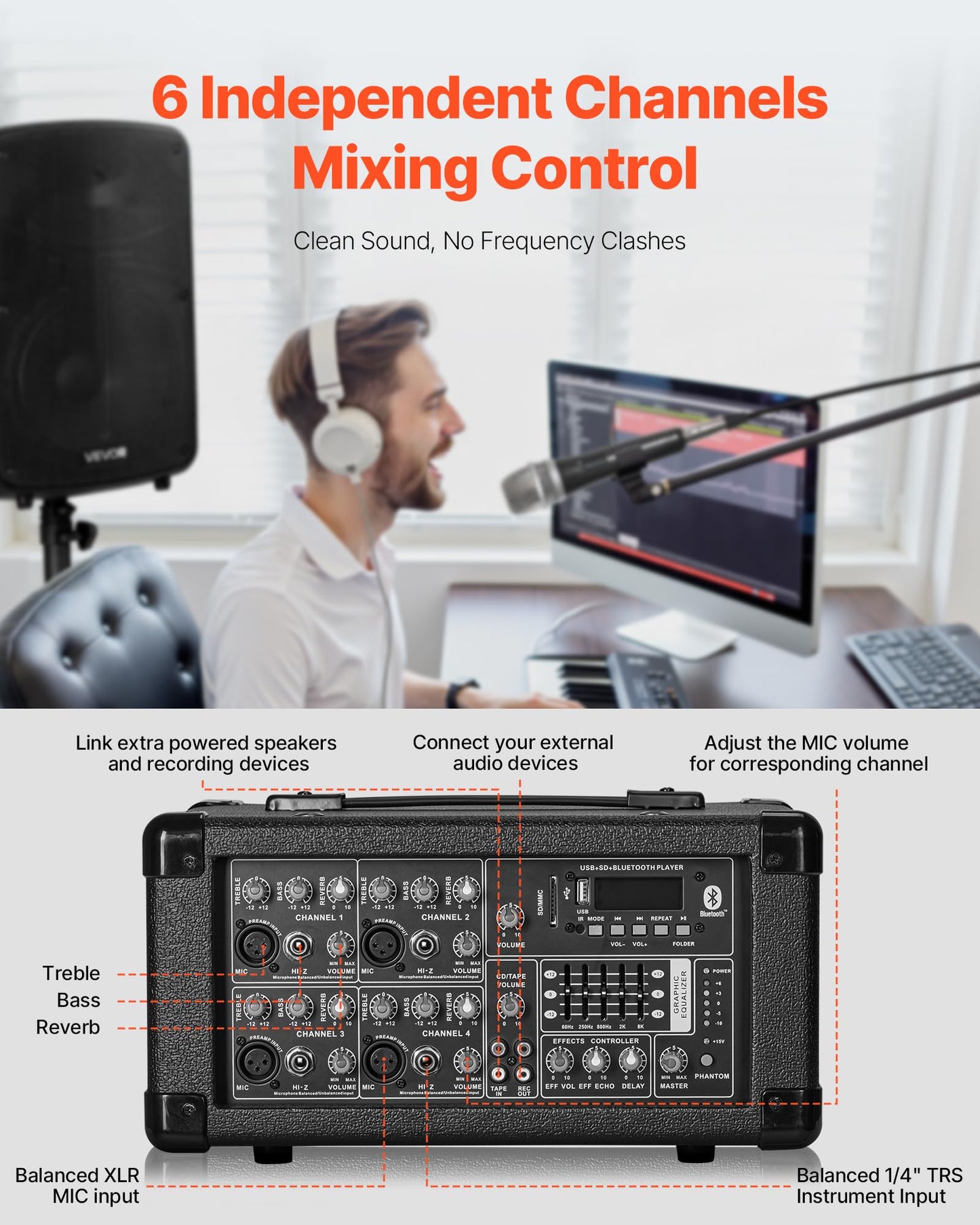 Vevor Portable Pa System With Wireless Microphone & Speakers, 800W Bluetooth Pa System, 6-Channel Mixer, Dual 10 Speakers, Usb/S