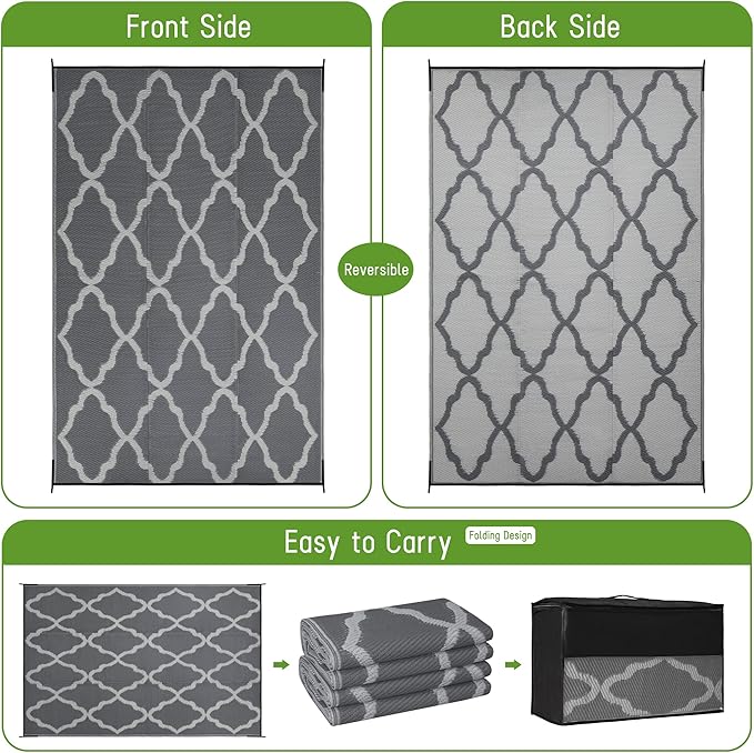 Easy-Going Reversible Outdoor Rugs 5x8ft Waterproof Plastic Straw Rug Stain & UV Resistant Floor Mat for Patio Porch RV Backyard Pool Deck Picnic Beach Trailer Camping (Moroccan Grey & Light Grey)