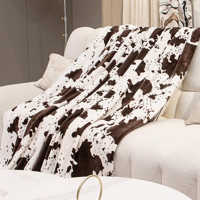 Cow Print Twin Blanket 60"x80" - Soft & Cozy Flannel Fuzzy Throw for Bed, Couch, Travel | Lightweight All-Season Bedding Decor (Black/White)