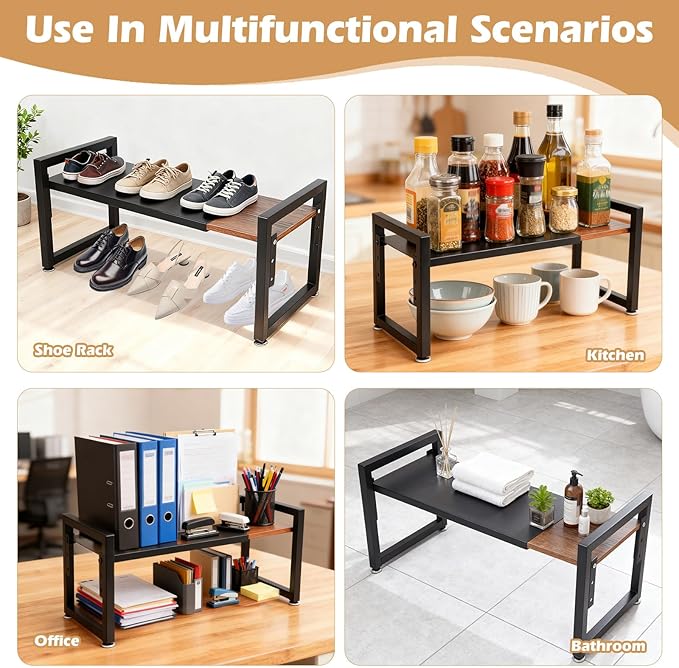 1 Pack Spice Racks, Expandable Adjustable Stackable Kitchen Organizer, Cabinet Shelf for Space-Saving, Counter Shelf for Cabinets, Countertop, Cupboard, Wood and Metal, Home kitchen Storage Rack