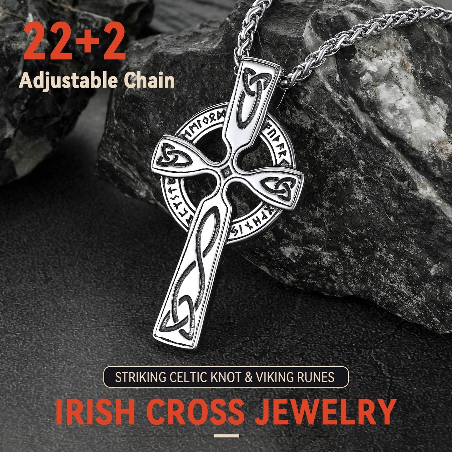 FaithHeart Celtic Knot Pendant Necklace Stainless Steel North Viking Cross Jewelry with Vintage Rune Design