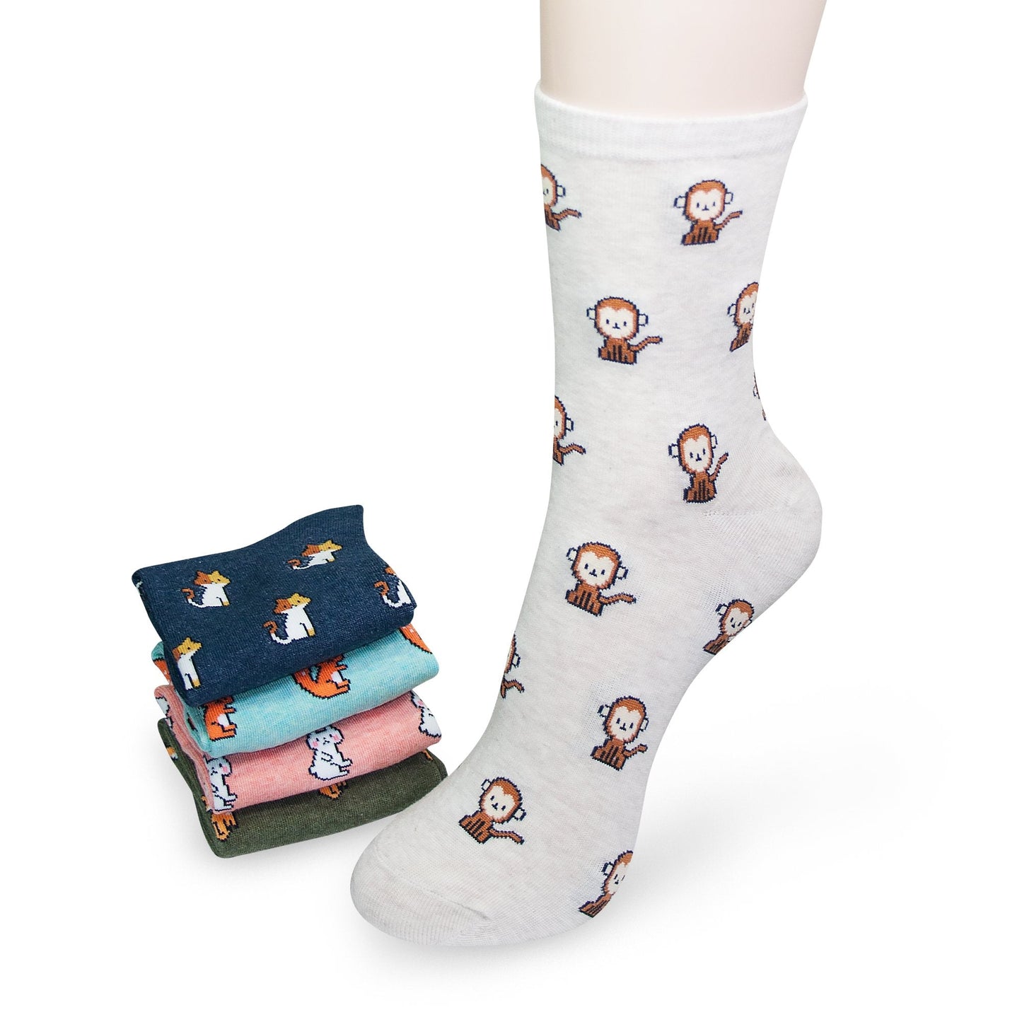 KONY Women's Girls Casual Funny Novelty Crew Socks Cute Animal Cat Rabbit Squirrel Pattern - Gifts for Animals Lovers (Mini Animals - 5 Pairs)