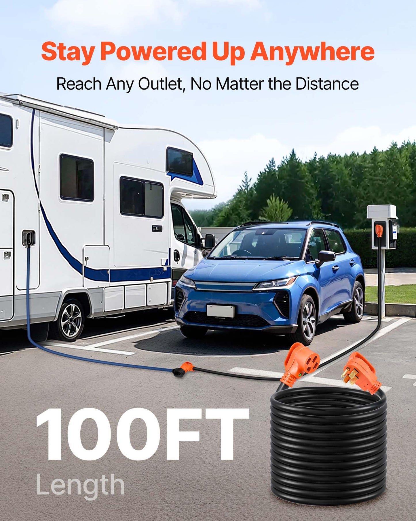 Vevor 100 Ft Rv Extension Cord, 50 Amp, 125V 7500W Heavy Duty Stw 6/3 + 8/1 Gauge Wire, Nema 14-50P Male Nema 14-50R Female Plug