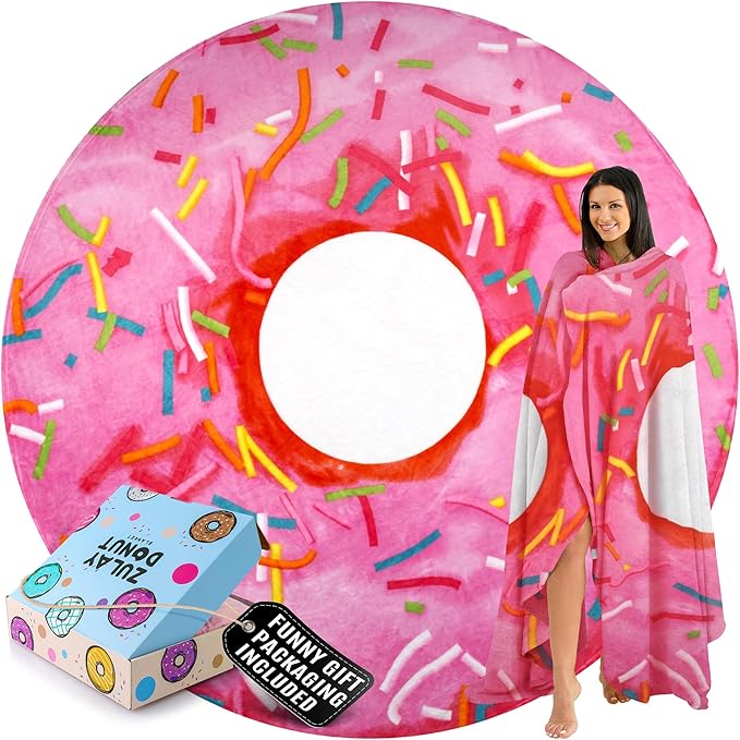 Zulay Giant Double Sided Glazed Donut with Gift Box Packaging - Novelty Blanket for Adults & Kids - Soft Flannel Round Glazed Donut Blanket for Indoors, Outdoors, Travel, Home, 285 GSM - 71 Inches