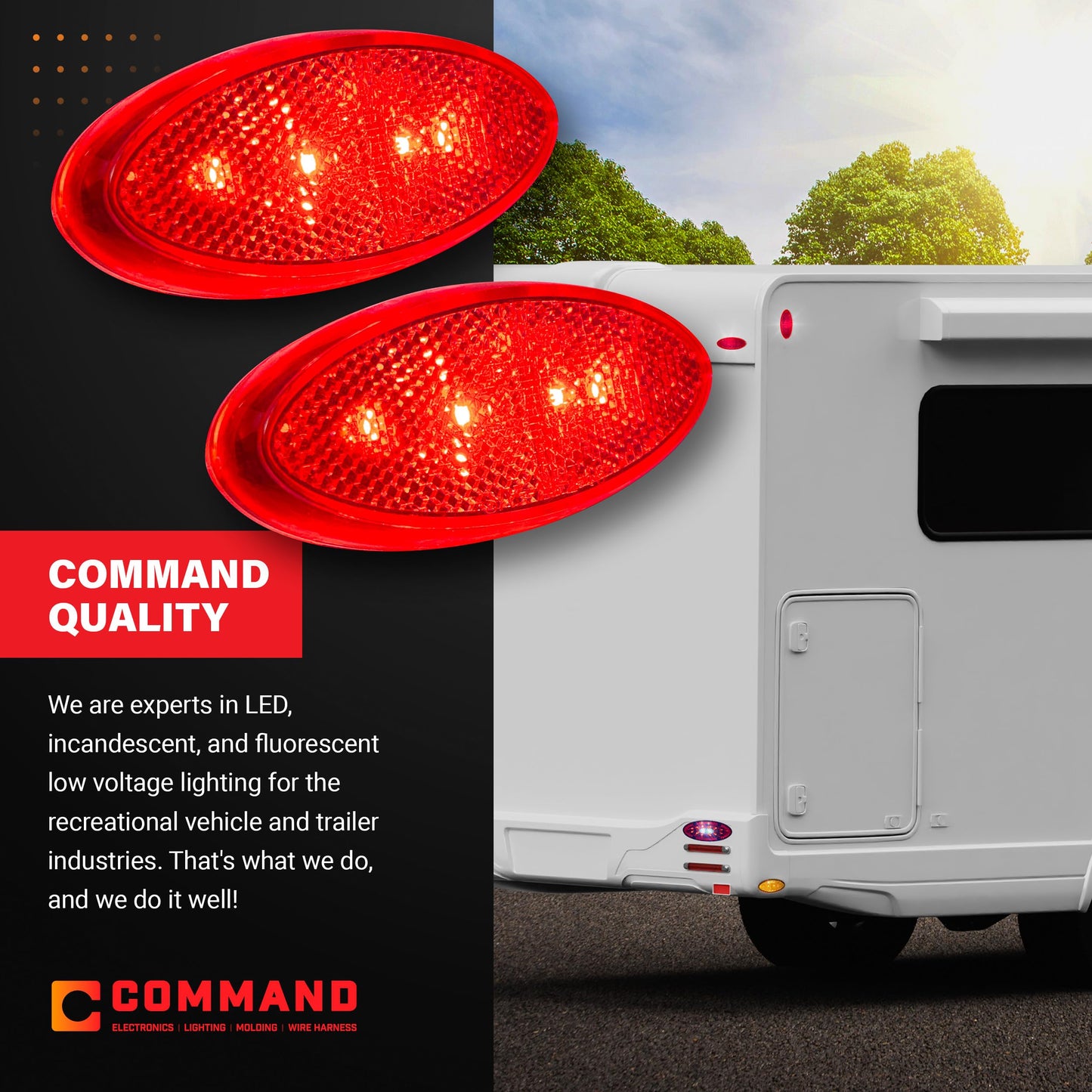 Command Electronics Oem 12V Led Rv & Trailer Oval Clearance Light With Built-In Reflex - Made In Usa - Surface Mount - Red - 2-Pack