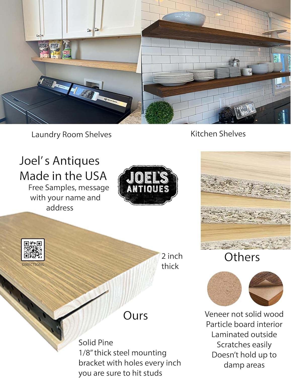 joelsantiques 60 Inch Wooden Floating Shelves for Wall - 60x8x2 in - Made of Natural Wood - Long Wall Shelves for Bedroom - Perfect for Living Room, Kitchen - Made in USA - Gray