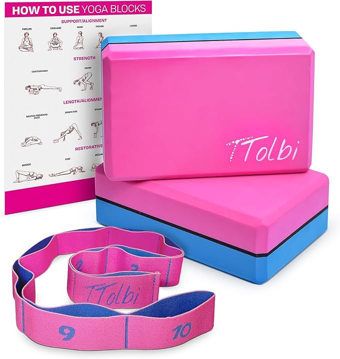 Yoga Blocks 2 Pack with Strap & Guide – Non-Slip EVA Foam Pilates Blocks for Home Workouts, Dance, Ballet, Gymnastics & St...