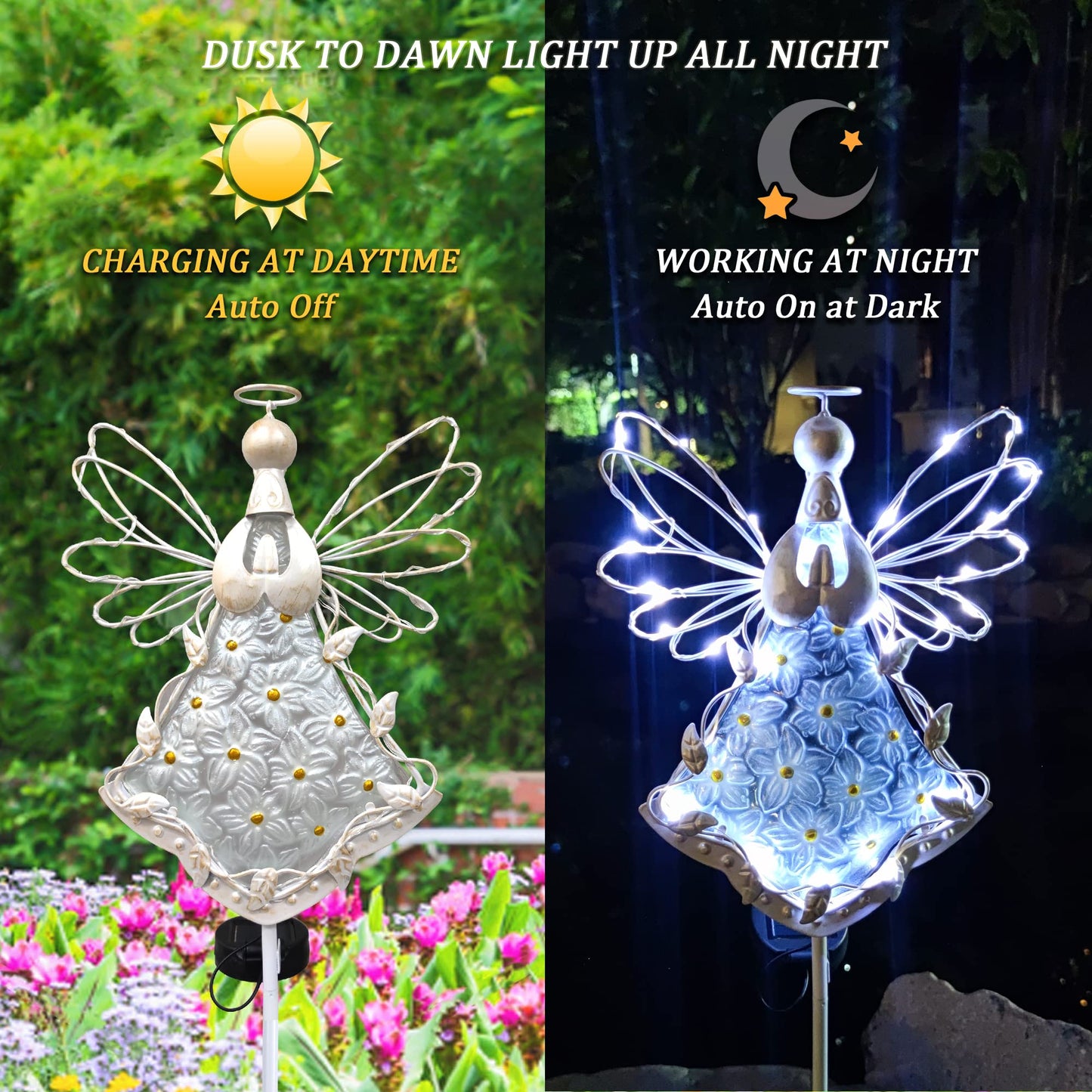 COOZZYHOUR Angel Solar Lights Outdoor Decorative Metal & Glass Garden Stake 38 Inch Waterproof 30 LED Warm White (CZ-2116-1)