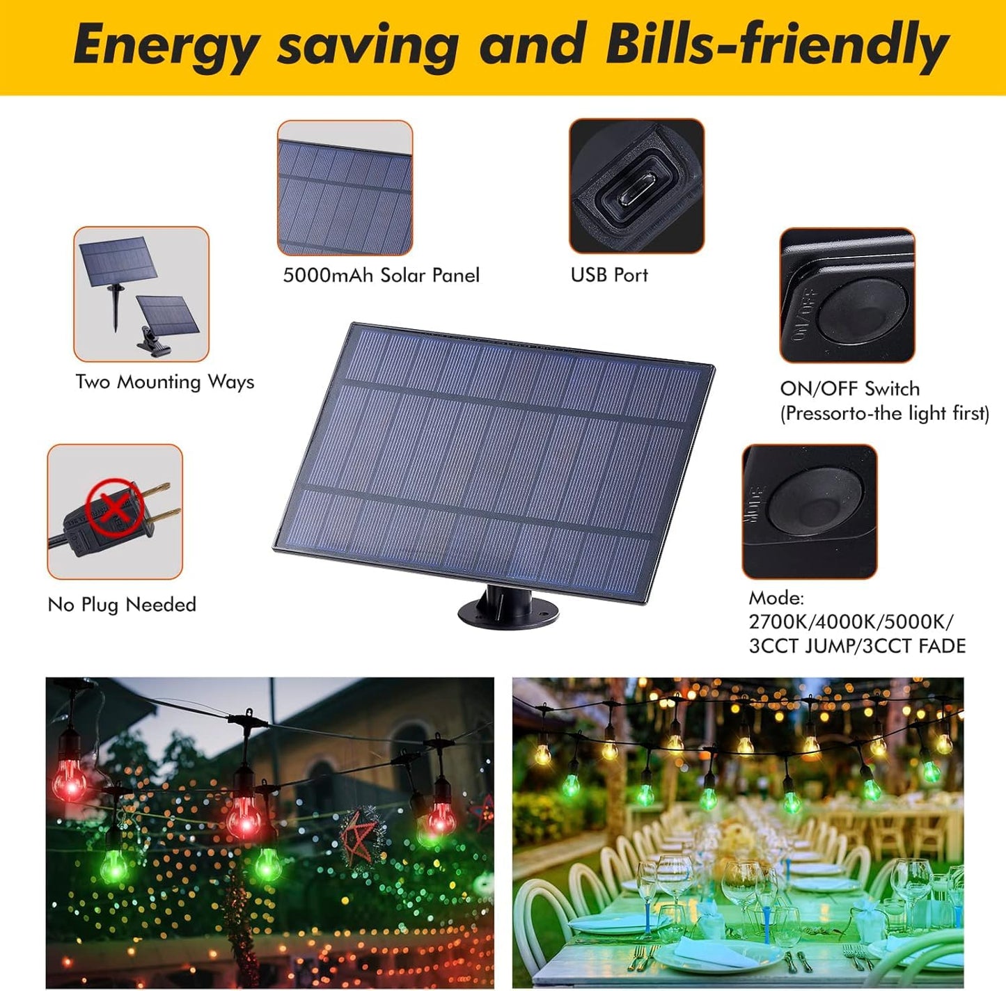 IPStank 144FT Solar Outdoor String Lights, 45 Shatterproof E26 LED Bulbs, IP65 Waterproof, RGB Color Changing, Dimmable, Model YGM-S14-15