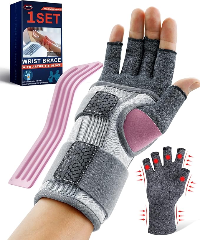 FEATOL Compression Arthritis Glove with Wrist Brace, Comfortable Fingerless Carpal Tunnel Hand Gloves for Women Night Supp...