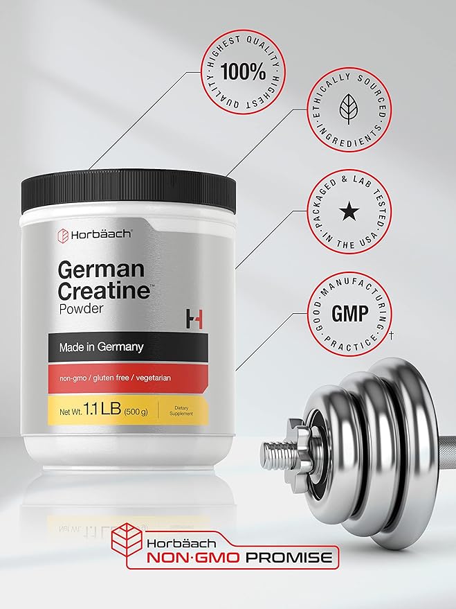 Horbäach German Creatine Powder 500g | Made in Germany with Creapure | Vegetarian, Non-GMO, and Gluten Free Dietary Supplement