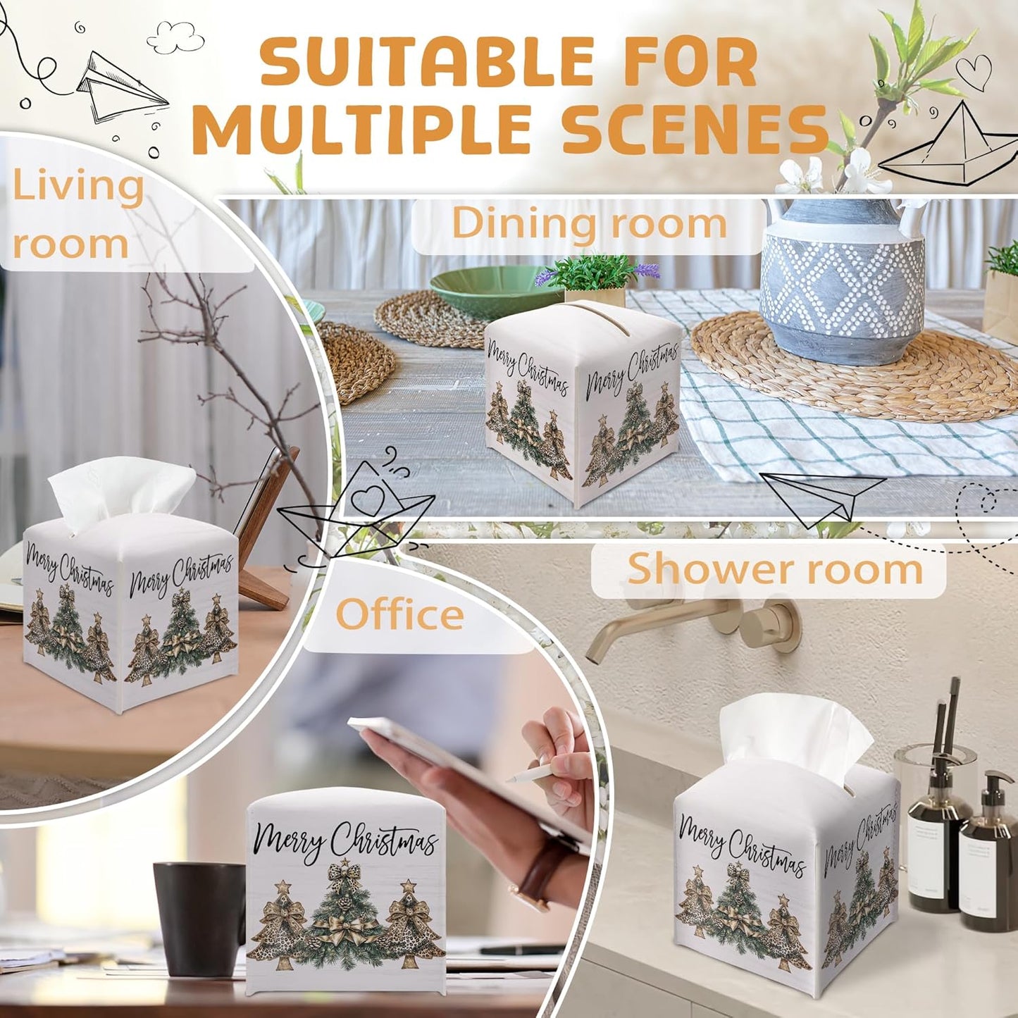 Merry Christmas Tissue Box Holder, Leopard Print Christmas Tree Leather Tissue Box Cover Square, Paper Facial Decorative Tissues Cover for Night Stands Bathroom Kitchen Office Home Decor-B31