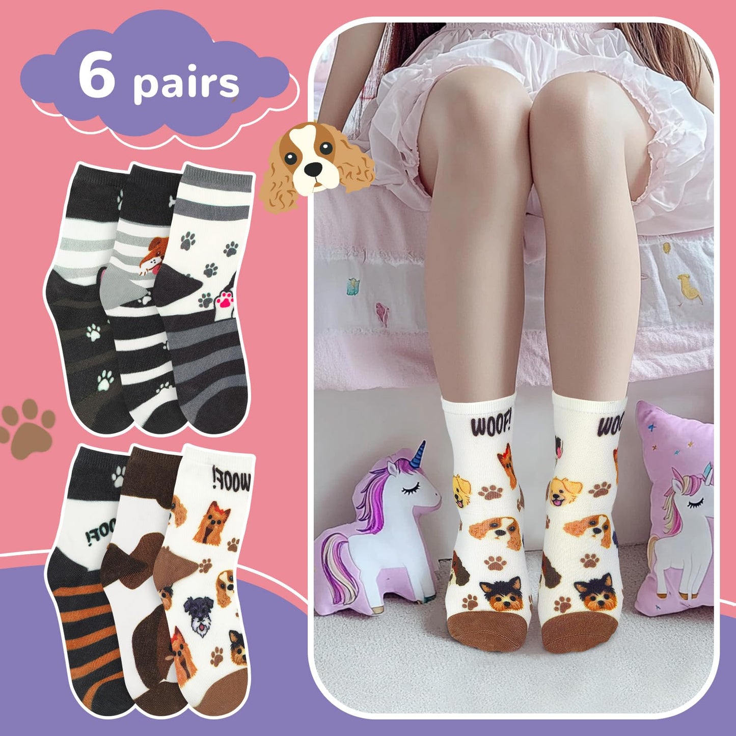 Queenshin Toddler Boys Girls Socks Dog Print Patterned Crew Funny Cotton Cute Cartoon Animal Novelty 1-3T Crazy Sock 6 Pairs Unique Birthday Christmas Gift