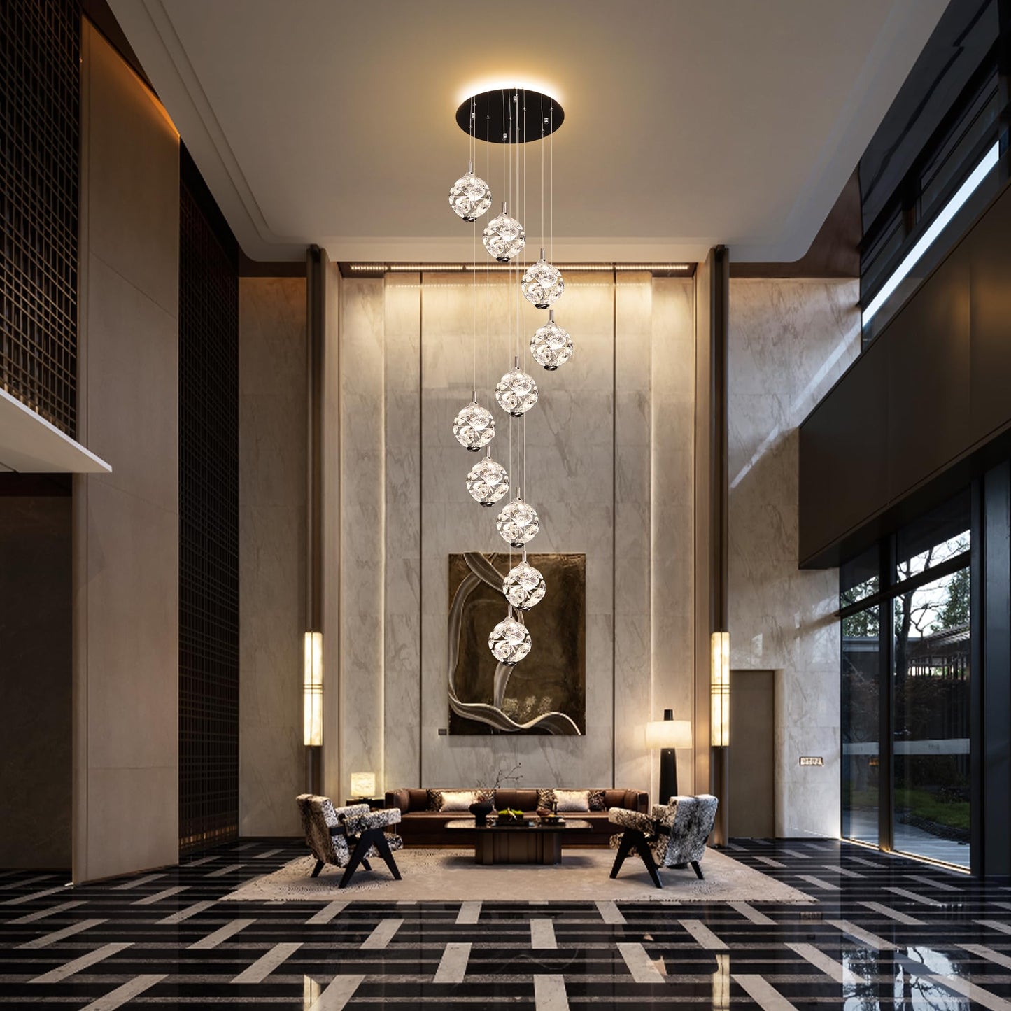 Kaucqi 10-Light High Ceilings Long Chandeliers Modern Crystal Staircase Chandelier Hanging Flush Mount Lighting Fixtures Long Raindrop Hanging Chandeliers For Staircase Foyer Entryway