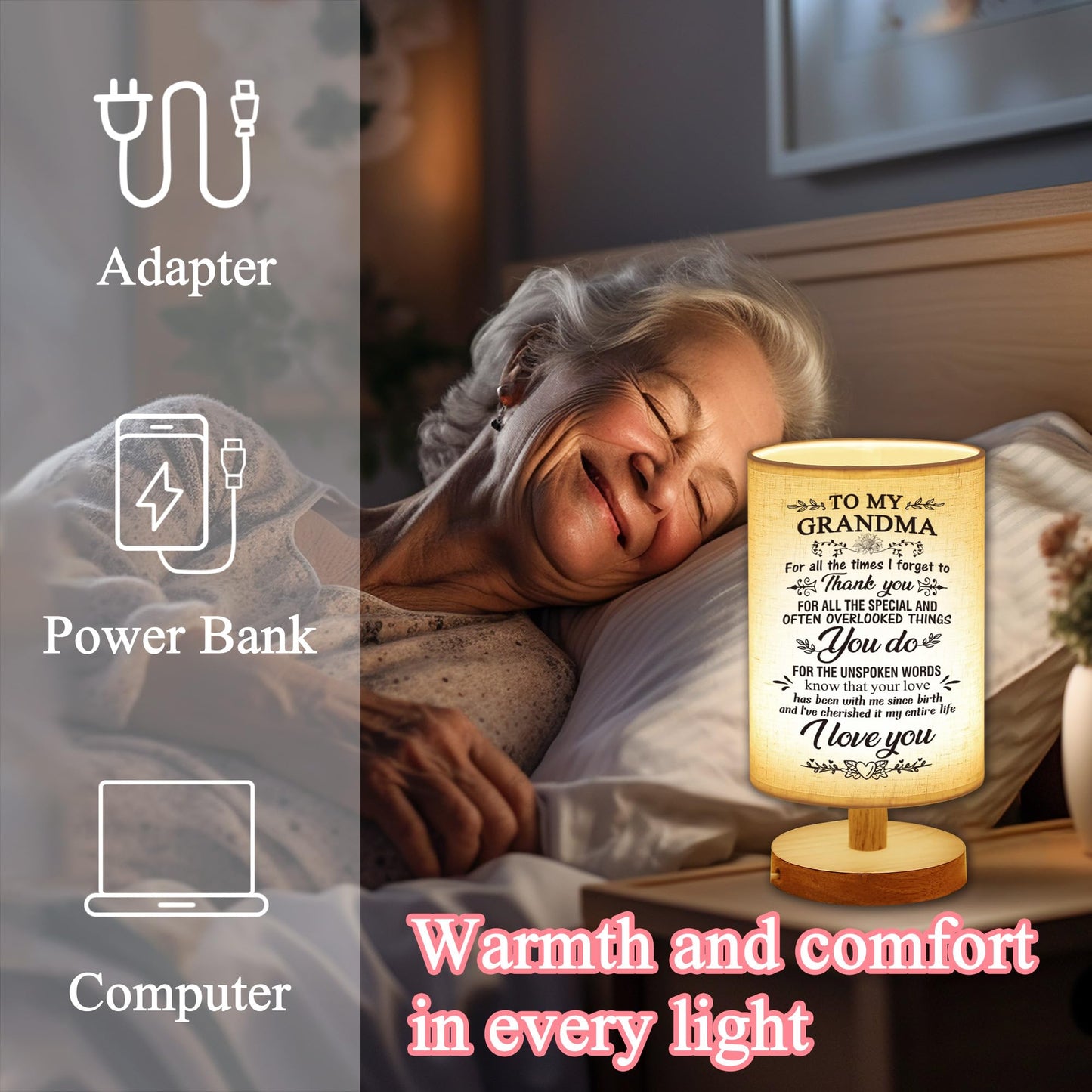 WSYEAR Table Lamp for Grandma - Wooden Birthday Gift from Grandchildren, Best Grandma Gifts