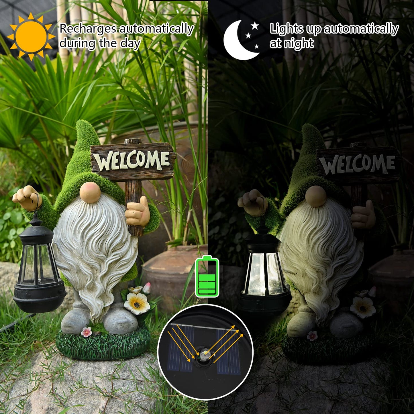 ASAWASA Gnomes Decorations for Yard, Solar LED Light, 10.8in Large, Resin, Gnome With Welcome Placard